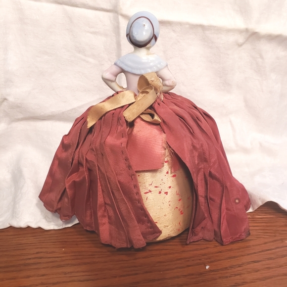 Antique Porcelain Half Doll Pincushion with Dark Red Silk Skirt - Picture 4 of 11